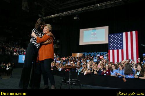 First lady Michelle Obama embraces Democratic presidential candidate Hillary Clinton as they arrive at a campaign rally in Winston-Salem. REUTERS/Carlos Barria